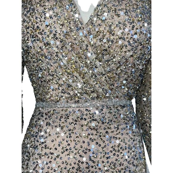 Mac Duggal Puff Sleeve Sequined Surplice Gown Shimmering Gold 8 New Womens Long - Picture 6 of 10